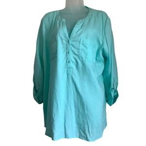 Emily Daniels Aqua Linen Blend Roll Tab Sleeve Henley Tunic Top XL Turquoise